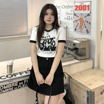 Chubchic~大碼女裝夏季新款黑白短袖T卹女短款辣妹露腰上衣胖mm半身裙套裝
