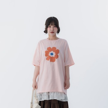 QUEENSHOP_S 女裝 短袖 花花印圖寬版短袖上衣-粉 現+預 【01190367】