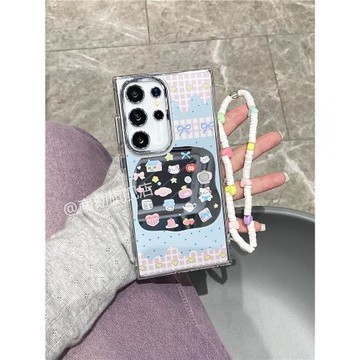 適用三星s25ultra手機殼鏡面新款s24+保護套防摔s23fe粉色藍色格紋凱蒂貓 s22plus十s21u帶掛繩note20a55a54