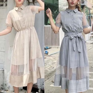 大人気 即納 秋 グレンチェック シースルーワンピース チェック柄 半そで ロングワンピース かわいい カジュアル 夏物セール ひざ丈 通販 Lineポイント最大1 0 Get Lineショッピング