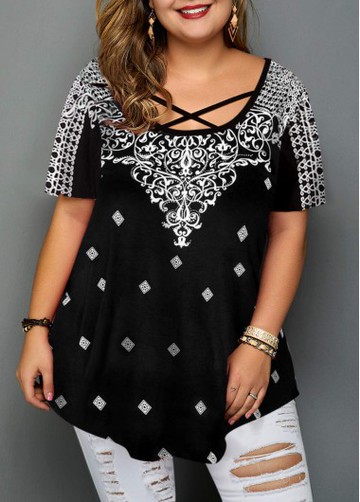 Plus Size Criss Cross Front Printed Blouse
