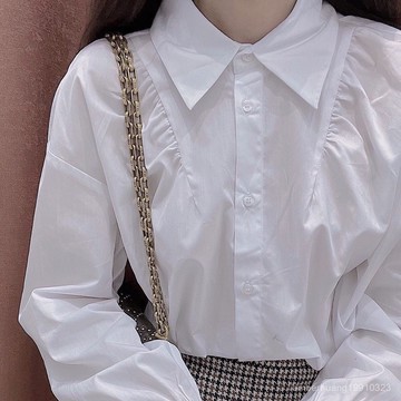 港風襯衫 復古襯衫 碎花襯衫 春秋港風新款學院風韓版襯衣白色長袖女襯衫褶皺設計感小衆上衣潮