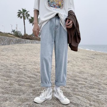 藍白牛仔褲潮牌男寬松夏季潮流港風直筒九分痞帥百搭休閑闊腿長褲