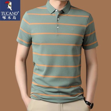 啄木鳥夏季新款短袖t恤男純棉polo衫翻領條紋體恤中年爸爸上衣服T