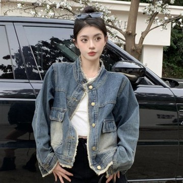 上衣 夾克 牛仔外套 牛仔外套女 牛仔外套設計春秋新款圓領毛邊複古水洗寬鬆顯瘦上衣夾克女