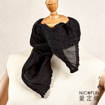 NicoFun 愛定做 魅力68 柳葉絲 黑色 灰色 絲巾 圍脖(四季可戴 領巾 圍巾 圍脖 頸巾 桑蠶絲巾 皺褶絲巾)
