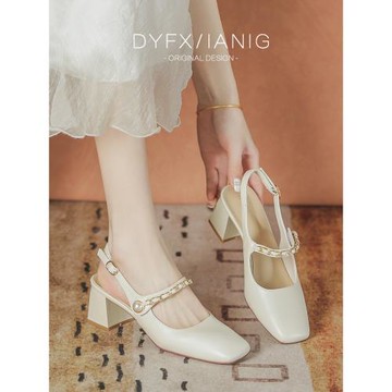 高跟包頭涼鞋女2024新款夏季白色法式粗跟中空伴娘漆皮瑪麗珍女鞋