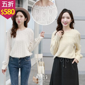 ★五折價$580★糖罐子【E65520】後釦圓領毛蕾絲上衣→預購