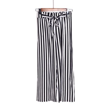 夏裝女九分褲直筒褲高腰通勤豎條紋系帶休閑褲子潮
