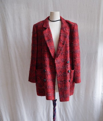 leilin 紅色格子毛料西裝外套中古古著外套 vintage