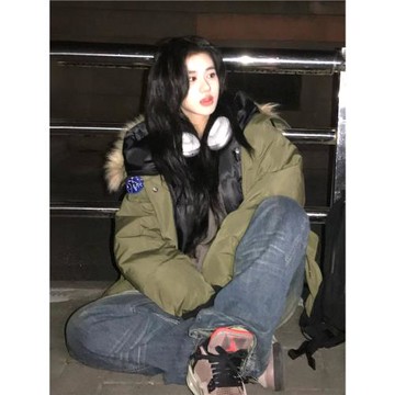 鹽系工裝派克服女短款美式oversize藍色羽絨棉服冬季高街外套棉衣