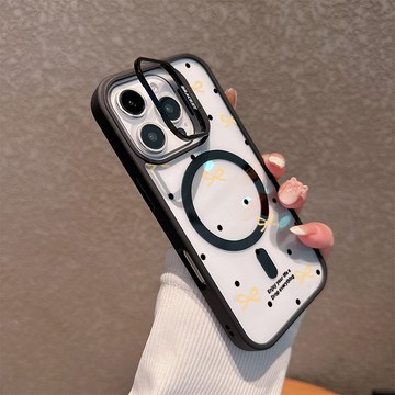 黑波點蝴蝶結適用蘋果16promax手機殼iPhone15plus磁吸殼14pro亞克力13鏡頭支架12防摔17硬殼