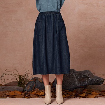 天絲棉雙口袋鬆緊牛仔裙