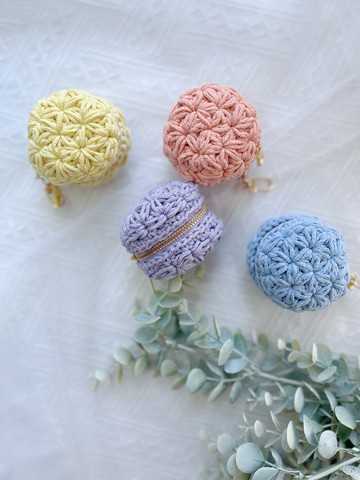 【淡黃色】手作鈎織花樣馬克龍迷你散子包零錢包吊飾耳機套鑰匙包