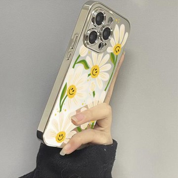 笑臉花朵適用三星Galaxys25手機殼s23+男s24ultra女款Galaxys22創意三星s24plus鏡面s22+補妝全包電鍍新款簡