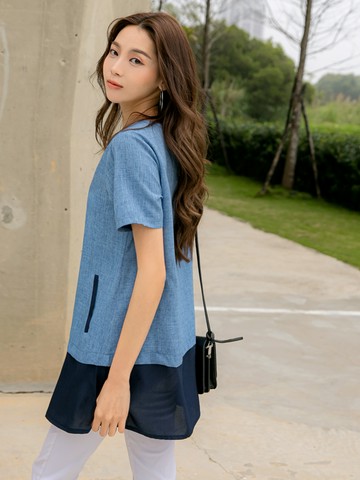 長版配色拼接拉鍊口袋短袖上衣