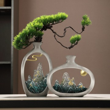 高級感假山花瓶擺件客廳玄關博古架辦公室桌中古風裝飾工藝品喬遷