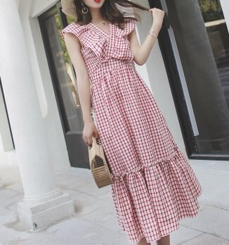 FINDSENSE H1 2018 夏季 新款 清新格子 文藝 少女 V領 高腰 荷葉邊 長裙 潮流 連衣裙