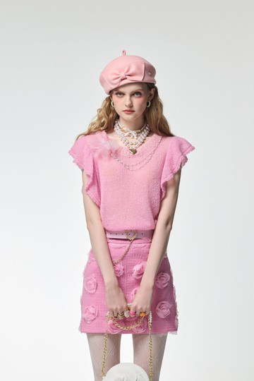 玫瑰石英粉荷葉袖針織上衣