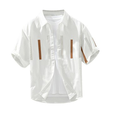 【高品質襯衫】純棉條紋印花休閒短袖襯衫 襯衫 素面男短袖襯衫夏季薄款T恤 寬鬆棉麻白襯衣 男士小清新男短袖 休閒襯衫男