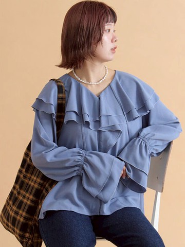 飄逸感疊層荷葉邊法式翻領糖果袖襯衫(0F001124110) - ehka sopo