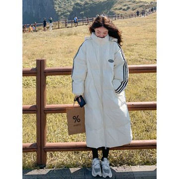 白色三條杠長款羽絨服女冬季韓版寬松學院風連帽90白鴨絨情侶外套