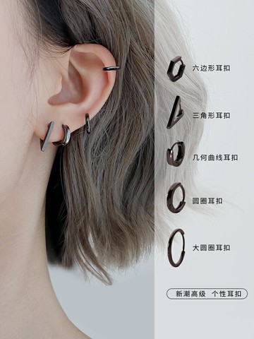 925純銀耳環女耳圈2021年新款潮2022耳釘黑色耳扣高級感耳骨耳飾