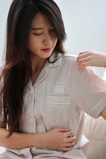 HEYDAY 宅家睡衣親子裝系列 人類版 (狗刺繡灰藍色 貓刺繡亞麻杏)