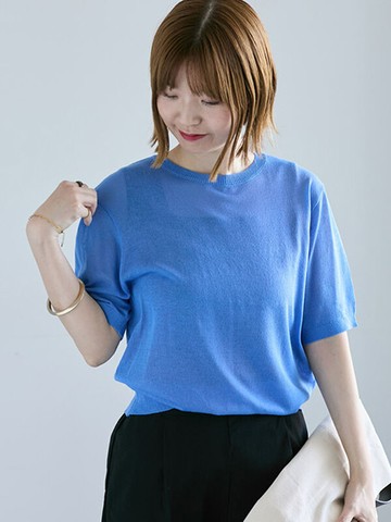 亞麻質感微透膚短袖針織上衣(0F001123410) - Lugnoncure