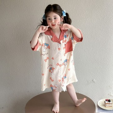 🌸YR🌸 女童睡裙 女童居家服 兒童夏季睡衣 女童睡袍可愛睡裙夏季薄款兒童中長款浴袍短袖開衫翻領晨袍家居服
