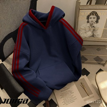 加絨加厚寬鬆oversize藏青色三條桿連帽衛衣男女秋冬款情侶裝上衣服寬鬆連帽衛衣