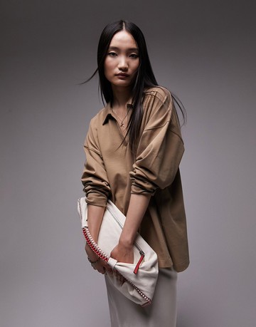 Topshop Premium basic oversized long sleeve polo top in taupe-Neutral