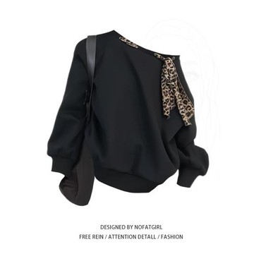 大碼胖MM美式復古豹紋系帶斜肩長袖衛衣女秋季2025新款休閑上衣潮