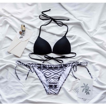 ☀Chi's shop~☀ 現貨供應 修身顯瘦波西米亞 黑白圖騰比基尼BIKINI 無鋼圈可加不滑動胸墊 可搭情侶款