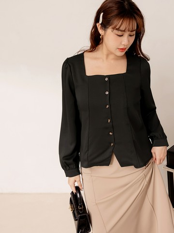 雲朵自訂款-不易皺方領排釦泡泡袖上衣