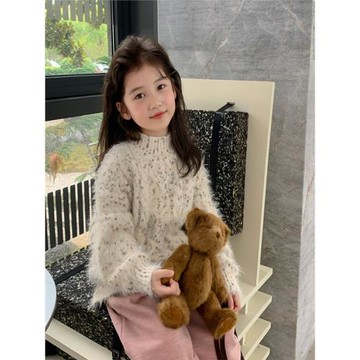 女童水貂絨毛衣2025新款洋氣秋冬裝加厚小女孩針織打底衫保暖上衣
