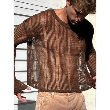 歐美男裝2023秋季透視長袖涼感打底衫復古網格針織T恤Men T-Shirt