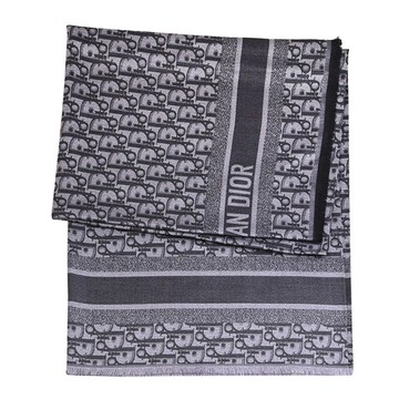 Christian Dior Oblique 緹花LOGO絲綢混紡羊毛披肩/圍巾.炭灰