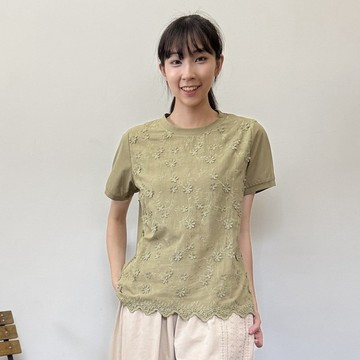 立體花卉刺繡蕾絲拼接短袖上衣