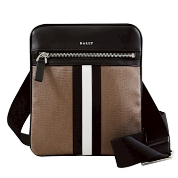 BALLY TELFORD 品牌經典條紋印花拉鍊斜背扁包(棕褐)
