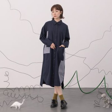 【MOSS CLUB】條紋面料拼接重組假背心長袖襯衫長版洋裝 藍 綠 杏