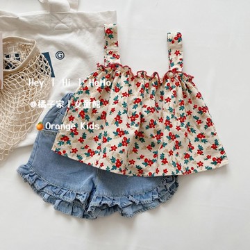 Orange Kids🍊【80-130】女童套裝 舒適洋氣碎花吊帶可愛短褲兩件套 女寶夏裝 韓版童裝 兒童夏裝 兒童背心