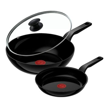 Tefal 法國特福 綠生活系列陶瓷不沾鍋具 含玻璃上蓋 3件組 曜石黑