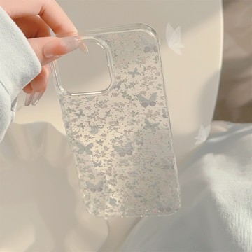台灣出貨❤春日碎花適用蘋果17promax手機殼16閃粉紫蝴蝶iphone14透明13代發