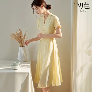 初色 溫柔風法式修身顯瘦雪紡V領短袖休閒連衣裙連身洋裝長洋裝-黃色-12142(M-2XL可選)