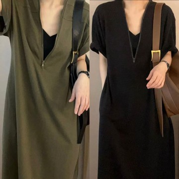 M-4XL 大尺碼洋裝 大碼短袖復古赫本拉鏈連衣裙夏寬鬆休閑微胖顯瘦遮肚長裙遮肉
