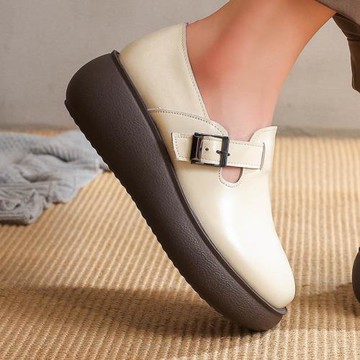 秋季松糕底小皮鞋女坡跟厚底透氣女鞋子真皮深口單鞋米白色護士鞋