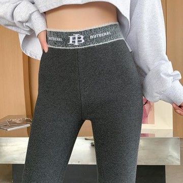 秋冬純棉加絨螺紋灰色緊身打底褲