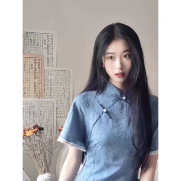 民國風鄰家少女改良藍色旗袍裙女夏季短袖復古高級感新中式連衣裙