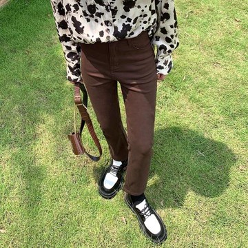 煙管加厚一體絨咖啡色秋冬牛仔褲